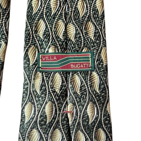 Villa Bugatti 100% Silk Tie withh Green and Cream Leaf Print Pattern - Picture 4 of 6